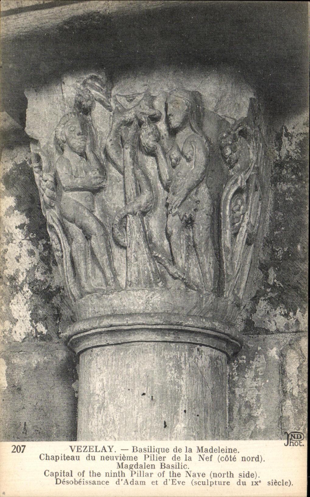 Vézelay — Basilique de la Madeleine. Chapiteau du neuvième pilier de la nef (côté nord). Sculpture du IXe siècle. JNDhot.