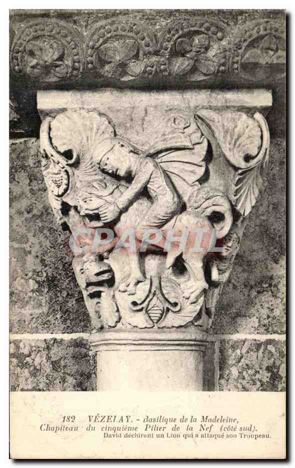 Vézelay - Basilique de la Madeleine, chapiteau du cinquième pilier de la nef (côté sud) - David déchirant un lion qui l'attaquait son troupeau