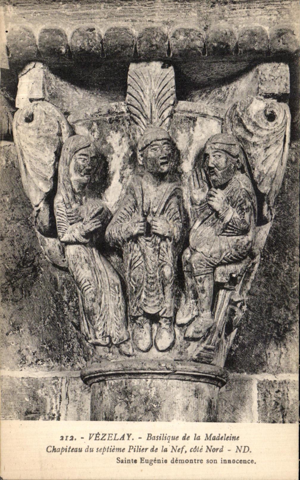 Vézelay - Basilique de la Madeleine - Chapiteau du septième pilier de la nef, côté Nord - Sainte Eugénie démontre son innocence