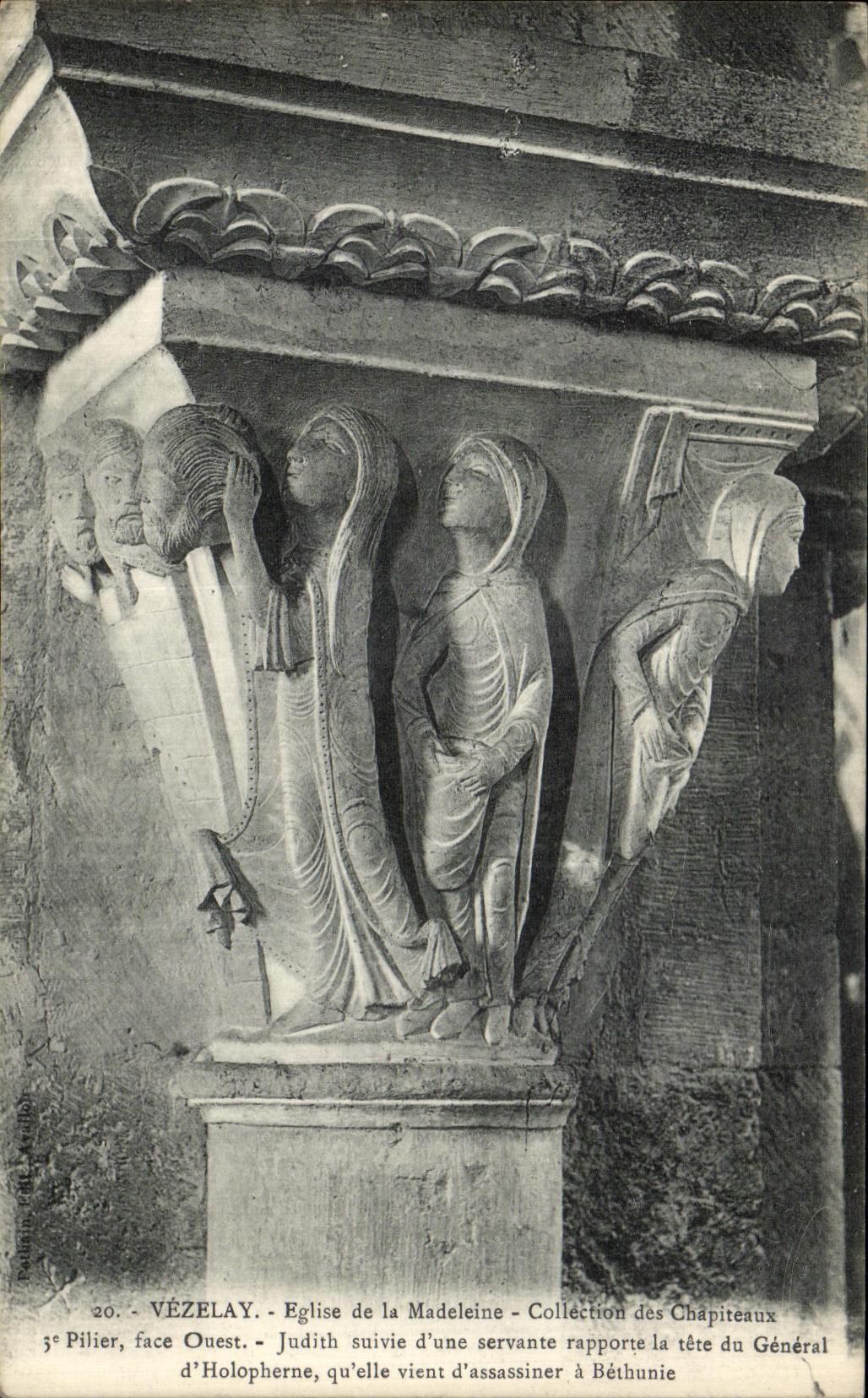 Vézelay - Église de la Madeleine - Chapiteaux sculptés représentant Judith et sa servante rapportant la tête d'Holopherne