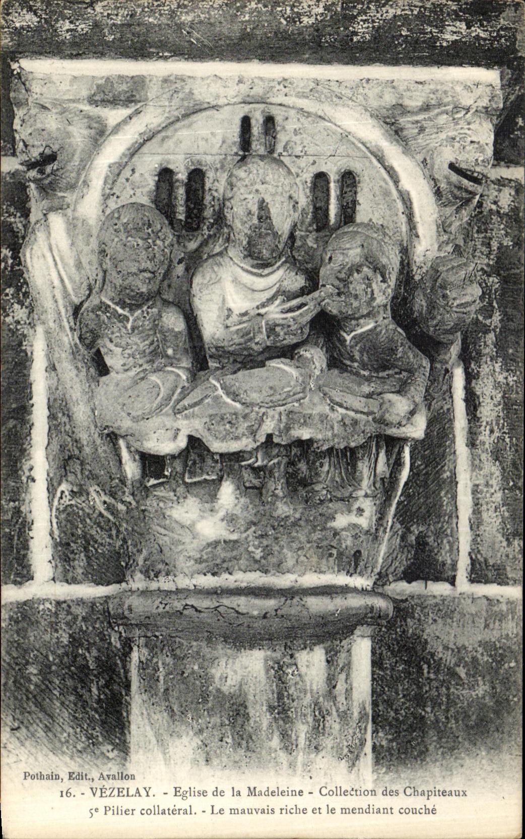 Vézelay - Église de la Madeleine - Pilier collatéral - Le mauvais riche et le mendiant couché - Pothain, Edit., Avallon