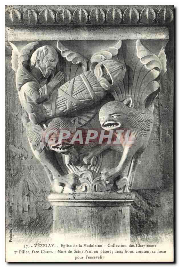 Vézelay - Église de la Madeleine - Mort de Saint Paul au désert ; deux lions creusent sa fosse - Collection des Chapiteaux