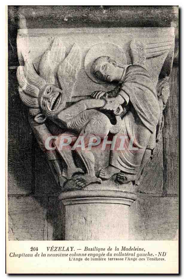 Vézelay — Basilique de la Madeleine, chapiteau de la neuvième colonne engagée du collatéral gauche — ND' — L'Ange de lumière terrasse l'Ange des Ténèbres