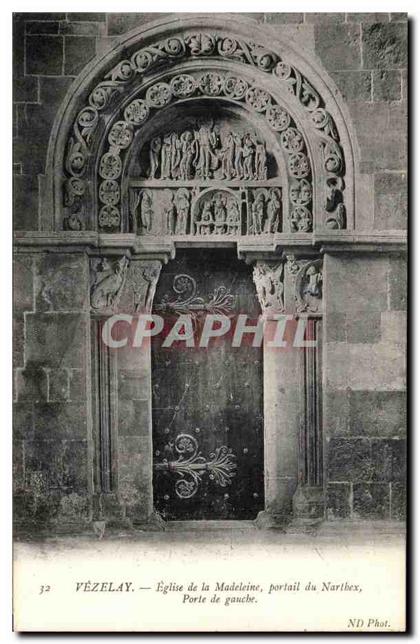 VÉZELAY — Église de la Madeleine, portail du Narthex, Porte de gauche — ND Phot.