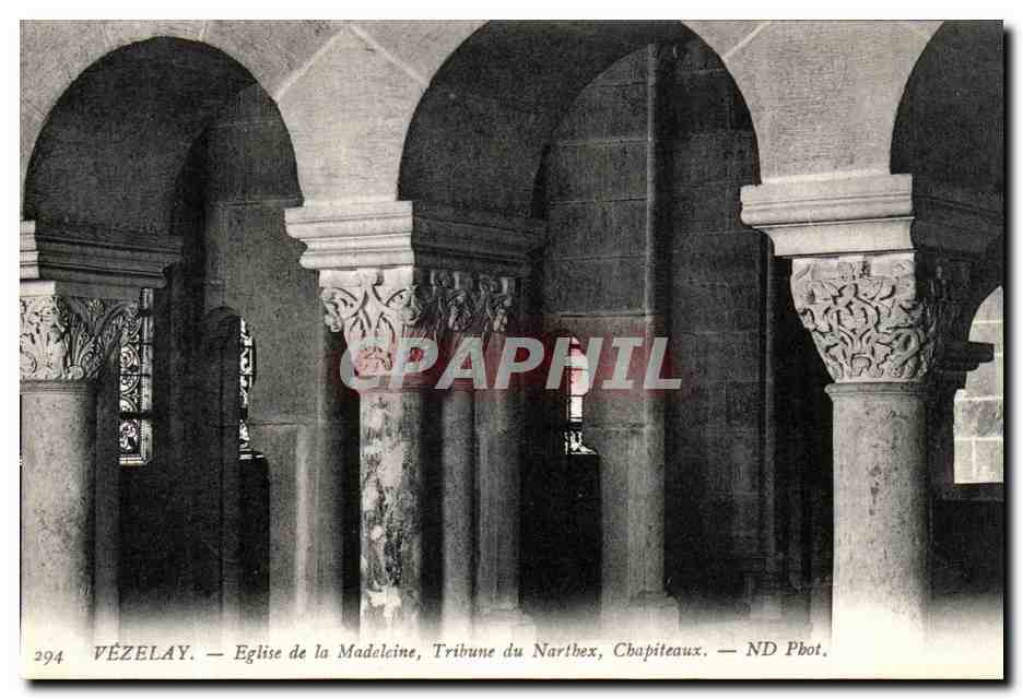 VÉZELAY — Église de la Madeleine, Tribune du Narthex, Chapiteaux — ND Pbot.