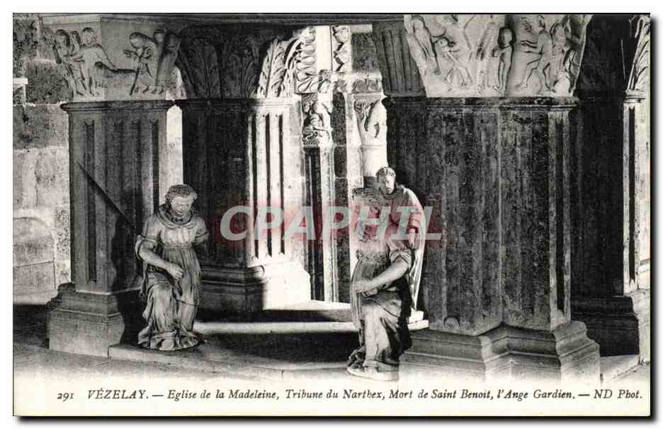 Vézelay — Kirche der Madeleine, Tribune des Narthex, Tod des heiligen Benedikt, der Schutzengel — ND Phot.