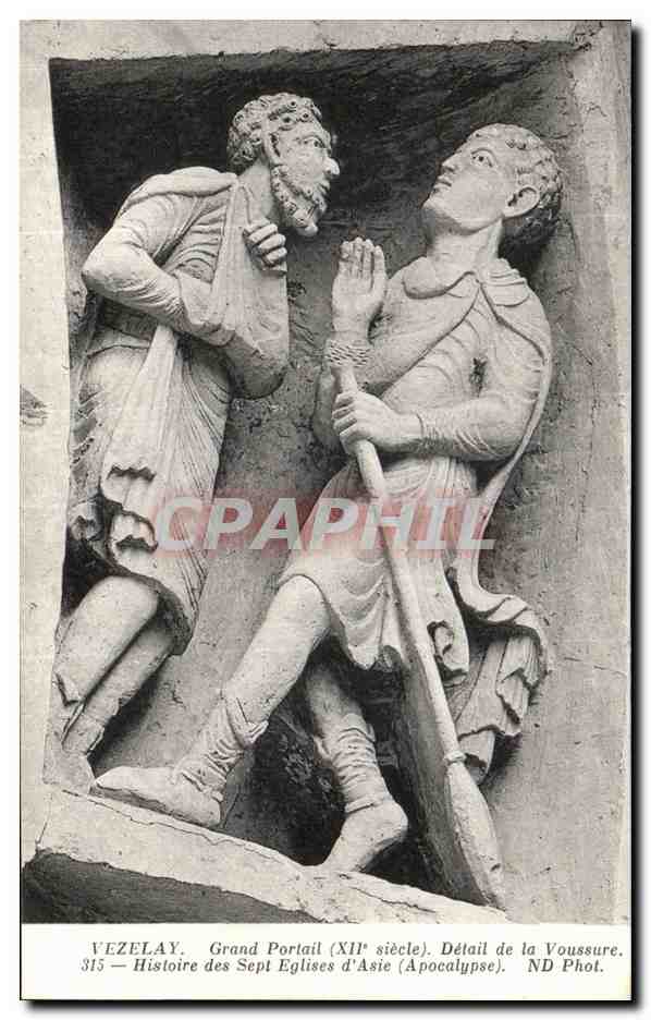 Vézelay — Grand Portail (XIIe siècle). Détail de la Voussure — Histoire des Sept Églises d'Asie (Apocalypse)