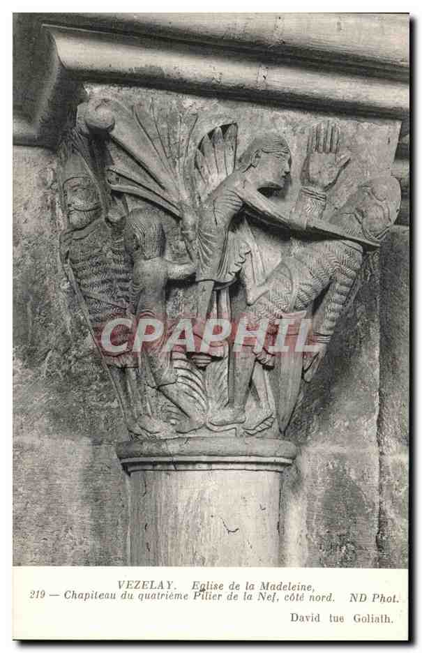 Vézelay. Église de la Madeleine, chapiteau du quatrième pilier de la nef, côté nord — David tue Goliath — ND Phot.