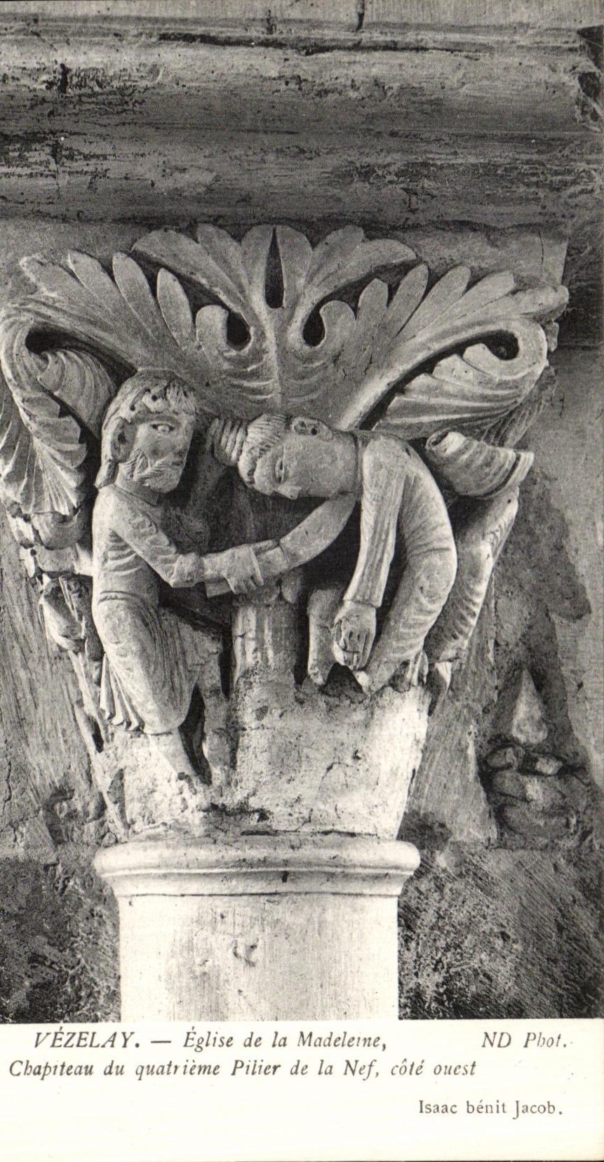 Vézelay — Église de la Madeleine, chapiteau du quatrième pilier de la nef, côté ouest — Isaac bénit Jacob