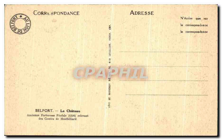 CPA Belfort Le Chateau Ancienne Forteresse Feodale Lion — Verso