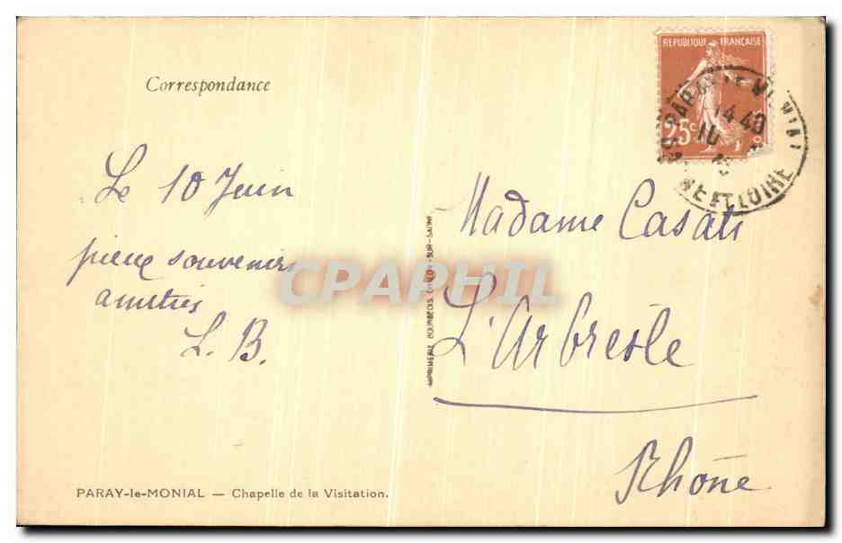 CPA Paray le Moinal Chapelle de la visitation — Rückseite