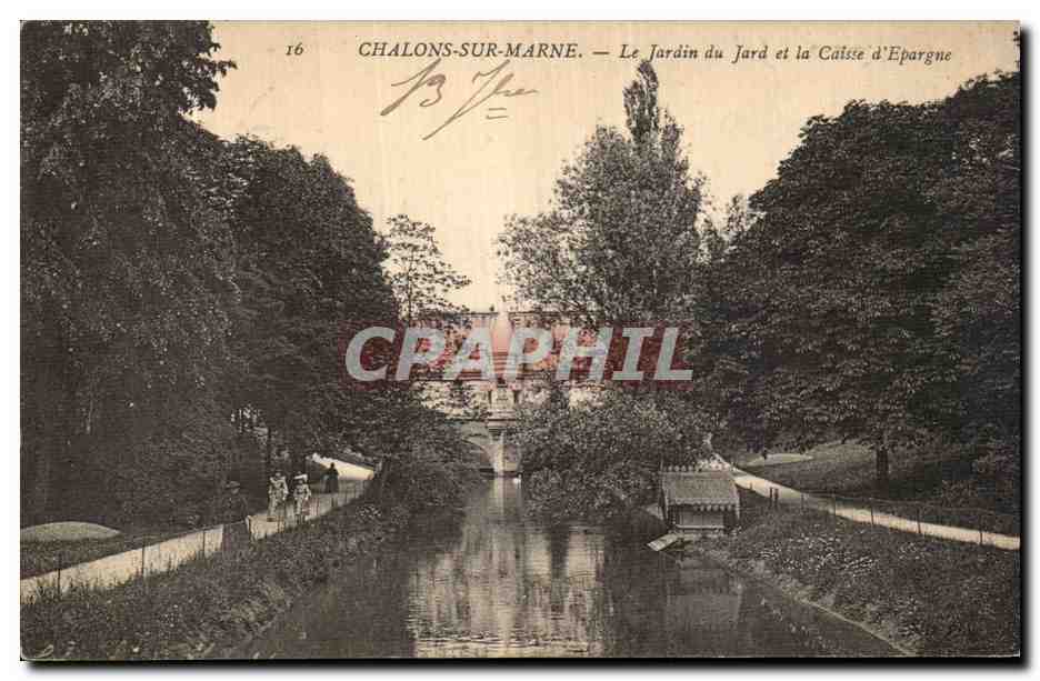 CPA Chalons Sur Marne Le Jardin du Jard et la Caisse d Epargne