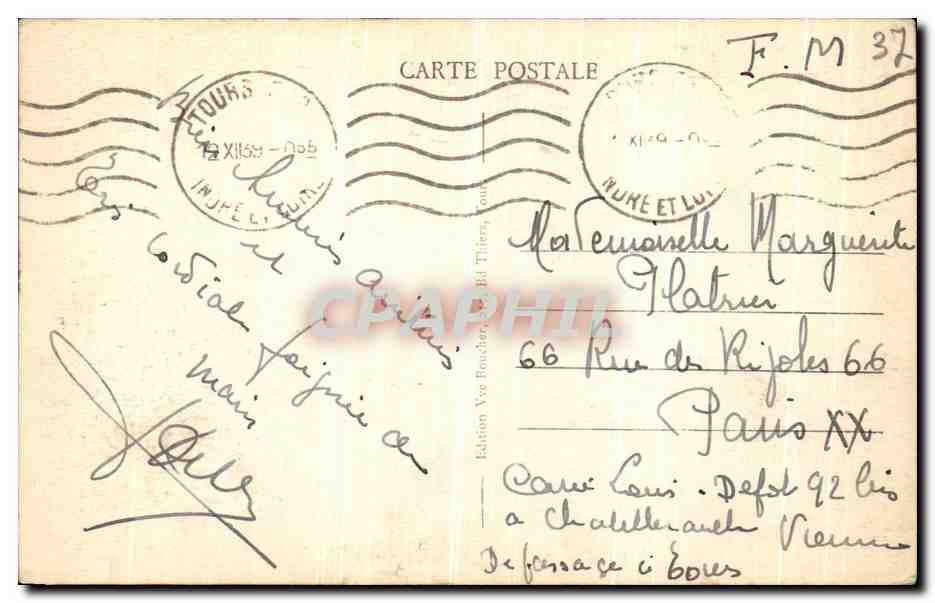 CPA Tours Hotel de ville Les Atlandes Cariatides du Grand Baleon  — Rückseite
