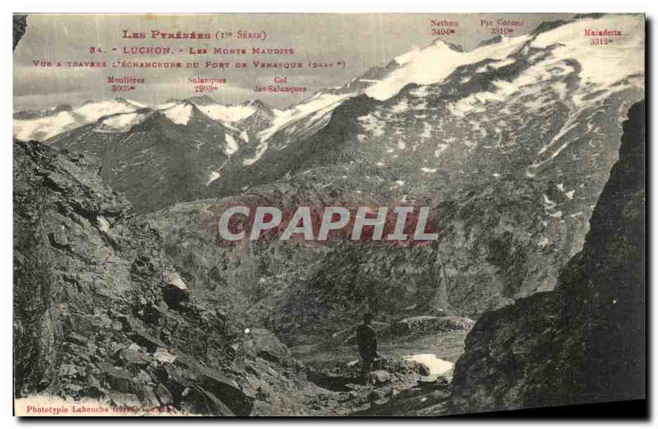 Les Pyrénées (1re Série) — Vue à travers l'échancrure du Port de Vérasque (2446 m) — Phototypie Labouche (France)