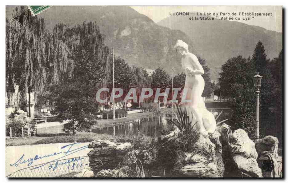 Luchon — Le Lac du Parc de l'Établissement et la Statue 'Vallée du Lys' — Éditeur : Sionnet