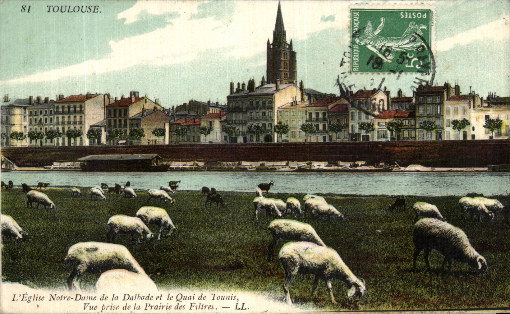 Toulouse. L'Église Notre-Dame de la Dalbade et le Quai de Tounis — Vue prise de la Prairie des Filtres — LL.