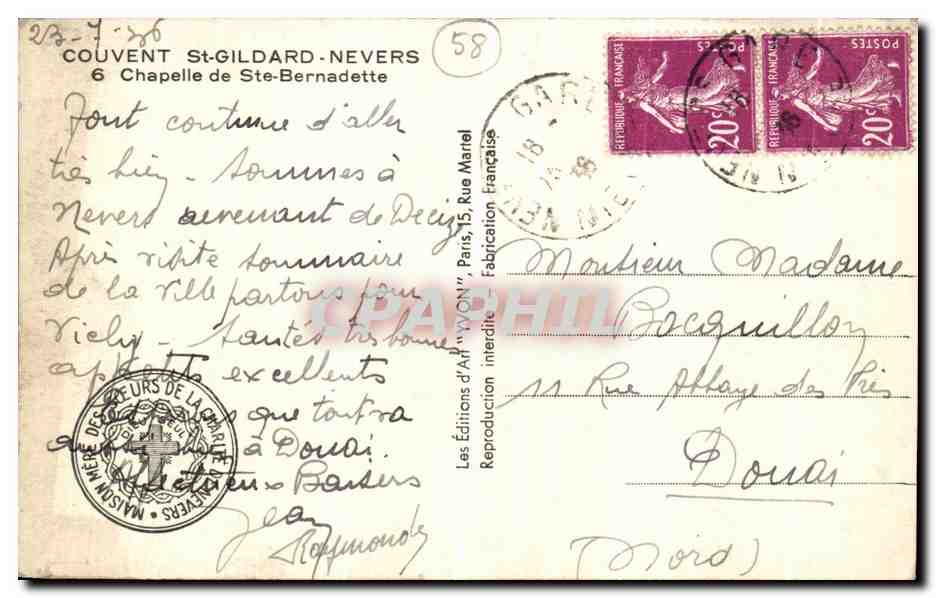 CPA Nevers Couvent St Gildard Chapelle de Ste Bernadette — Verso