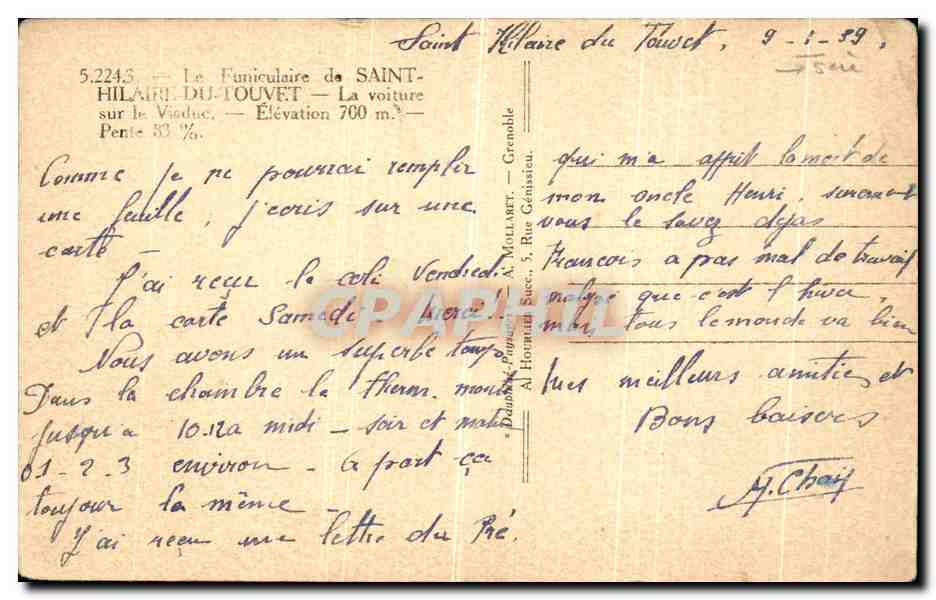 Funiculaire de Saint-Hilaire-du-Touvet — Élévation 700 m — Pente 83 % — Éditeur : A. Mollaret, Grenoble — Back