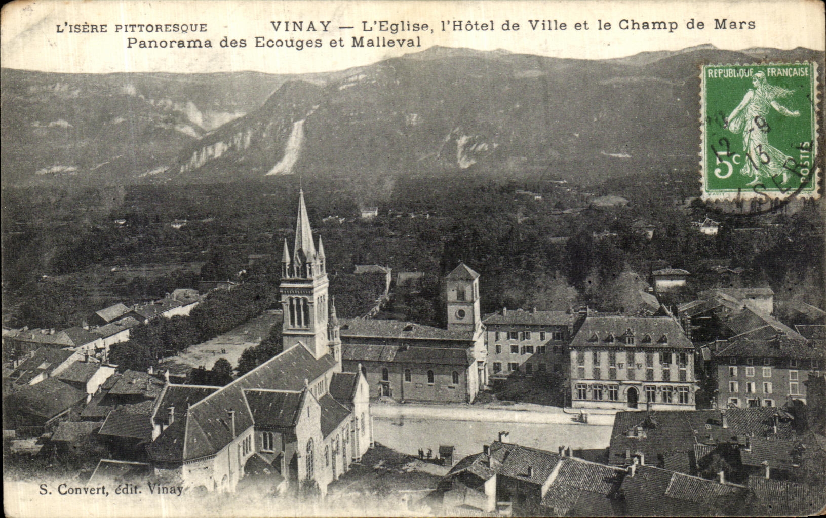 CPA Vinay L Eglise L Hotel de Ville et le Champ de Mars Panorama des Ecouges et Malleval 