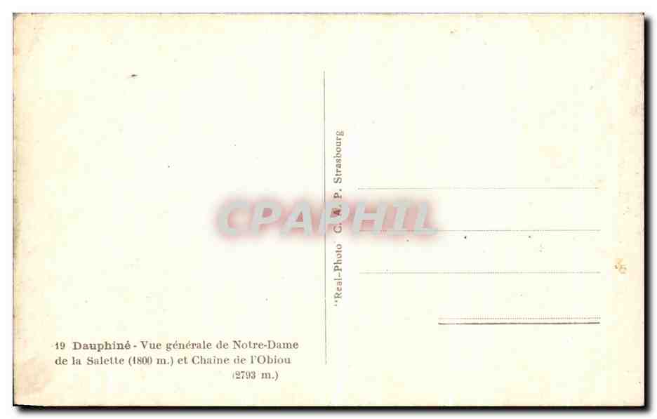 Dauphiné — General view of Notre-Dame de la Salette and Chain of the Obiou — Real-Photo C. M. P. Strasbourg — Back