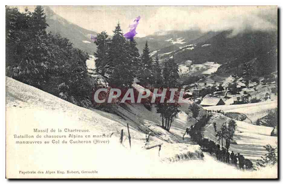 Antike Ansichtskarte Massif de la Chartreuse Bataillon de Chasseurs Alpins en Marches Manoeuvres au col du cucheron