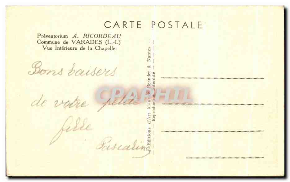 CPA Preventorium A Ricordeau Commune de Varades Vue Interierue de la Chapelle — Rückseite