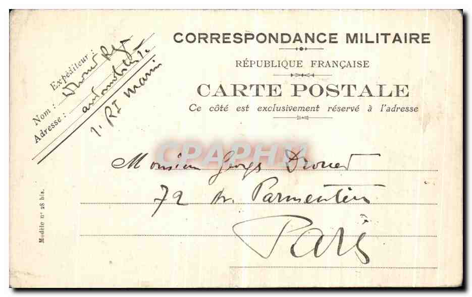 Carte correspondance militaire Dunkerque pour Georges Drouet 72 Rue Parmentier Paris — Rückseite