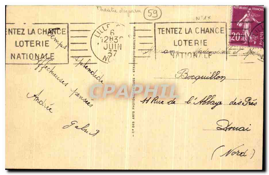 CPA Lille Place du Theatre Hotel Carlton  — Rückseite