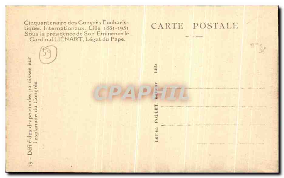 CPA Lille Cinquantenaire des congres eucharistiquues internationaux Cardinal Liegart Defile des drapeaux Scouts — Verso