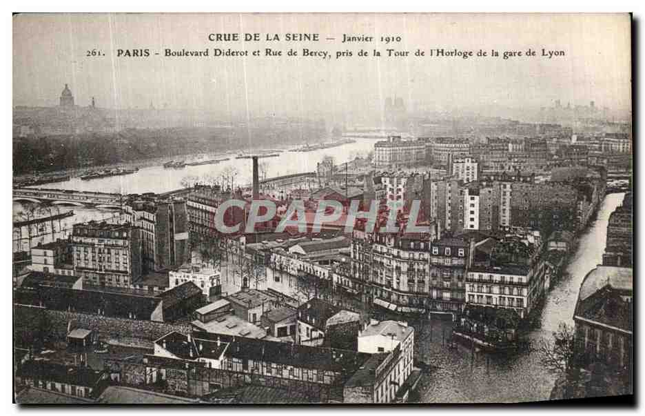 Crue de la Seine — Janvier 1910 — Paris — Boulevard Diderot et Rue de Bercy, pris de la Tour de l'Horloge de la gare de Lyon