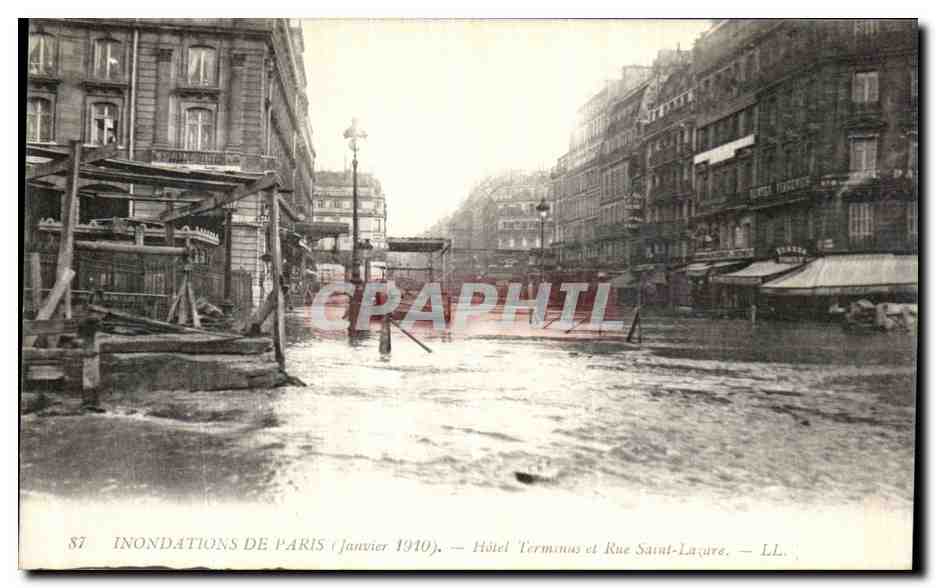 Inondations de Paris — Janvier 1910 — Hôtel Terminus et Rue Saint-Laure — LL.