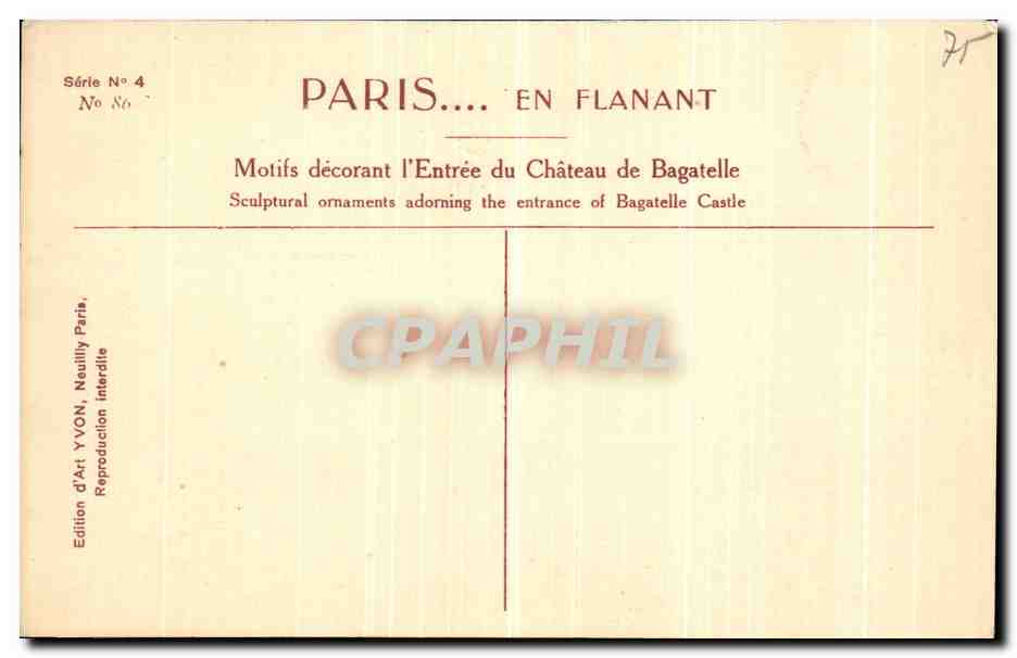 CPA Paris Motifs decorant l Entree du Chateau de Bagatelle — Verso
