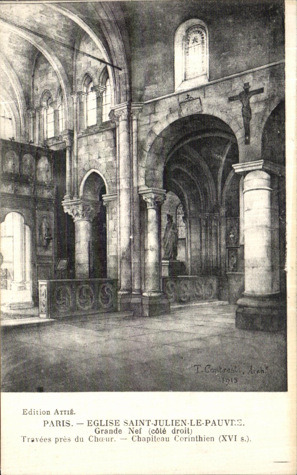 CPA Paris Facade de L Eglise Saint Julien Le Pauvre Grande Nef Travees pres du choeur Chapiteau corynthien