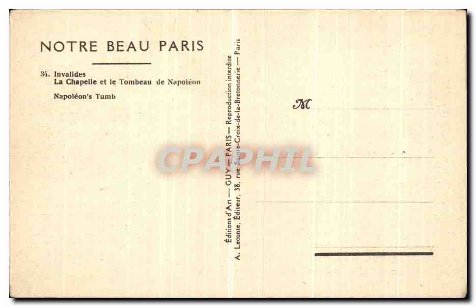 CPA Paris La Chapelle et le Tombeau de Napoleon 1er — Rückseite