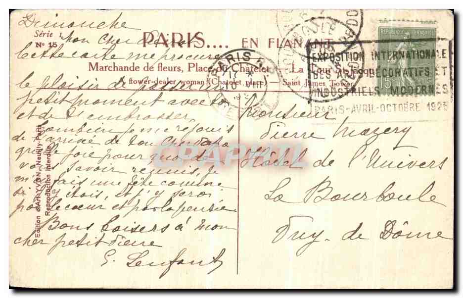 CPA Paris Marchande fleurs Place du Chatelet — Rückseite