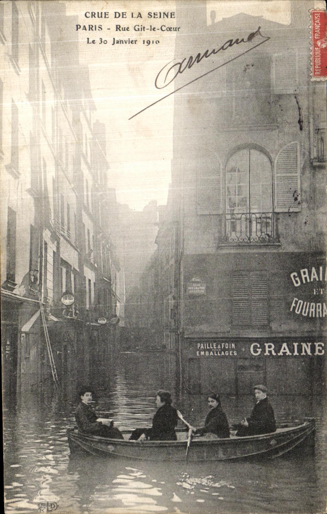 Überschwemmung der Seine — Rue Git-le-Cœur, Paris — 30. Januar 1910 — Verlag Armand