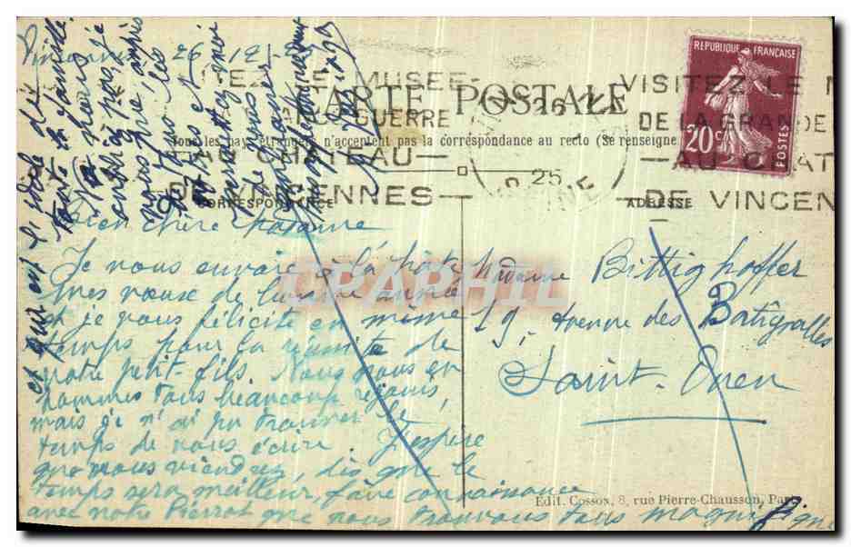 CPA Vincennes Le Fort Sortie sur le Quartier d Artillerie — Verso