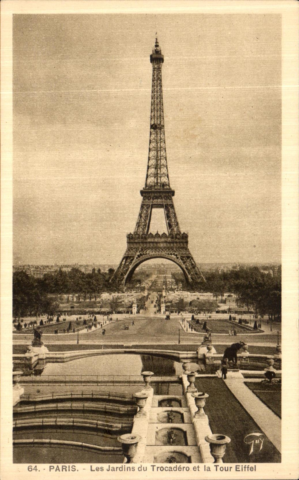 Paris - Les Jardins du Trocadéro et la Tour Eiffel — série 64, éditée par A. Leconte