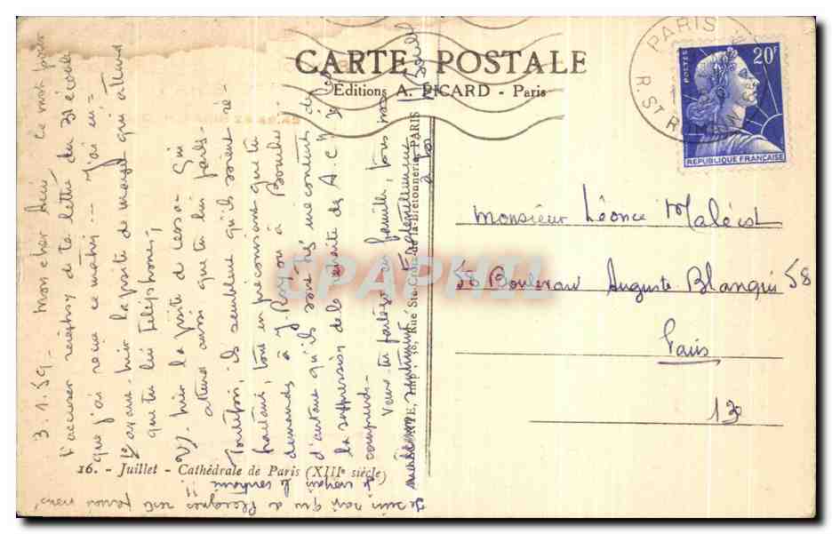 CPA Juillet Cathedrale de Paris — Verso