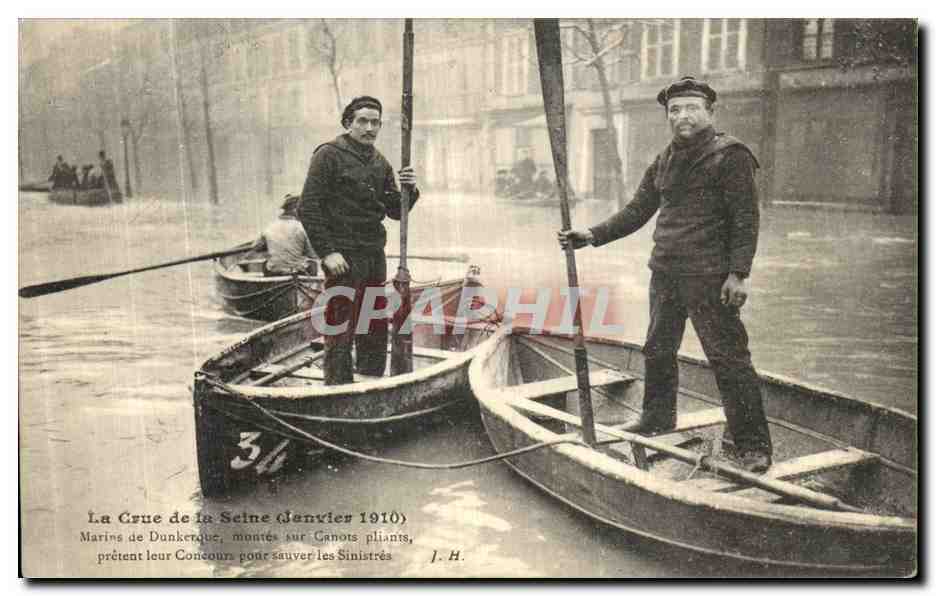 Die Überschwemmung der Seine (Januar 1910) — Matrosen von Dunkerque auf Klappbooten — J. H.