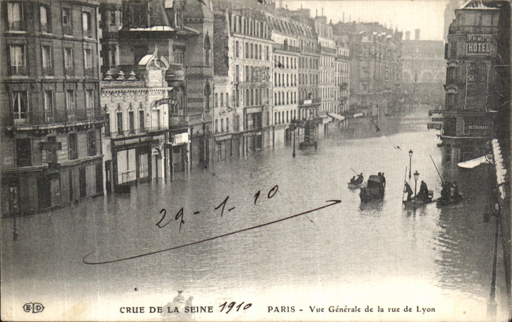 Crue de la Seine 1910 — Vue Générale de la rue de Lyon — E.D. (éditeur)