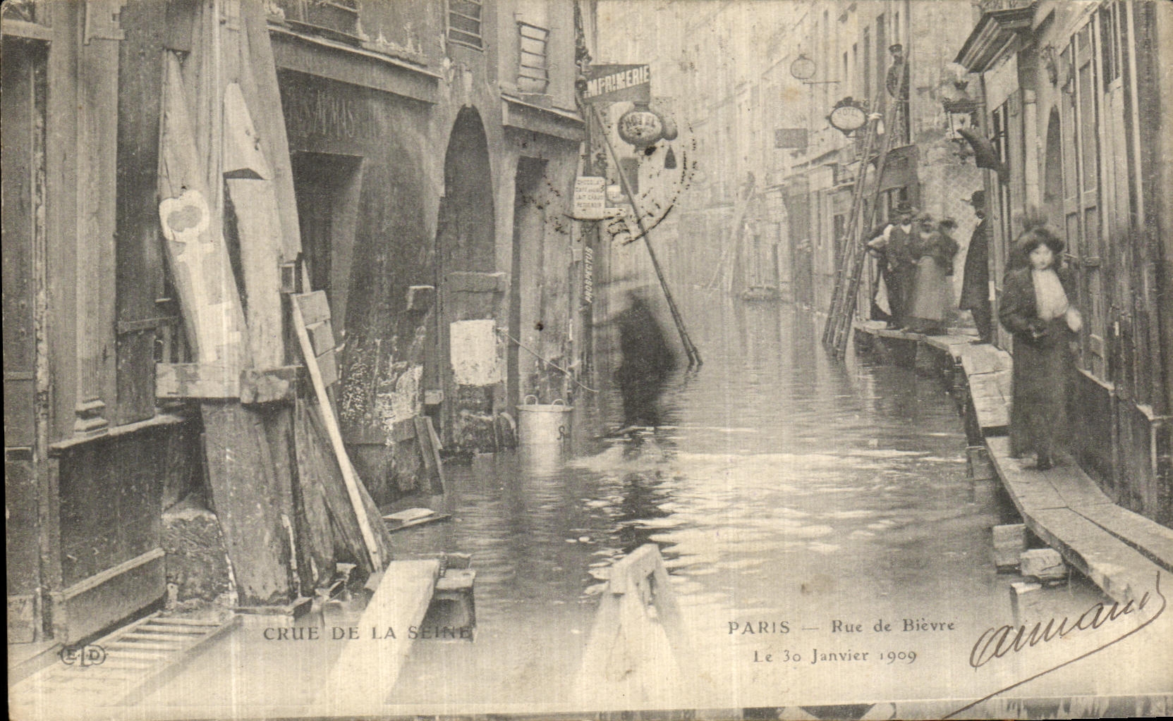 Tarjeta postal antigua Inundación del río Sena en París, calle de Bievre