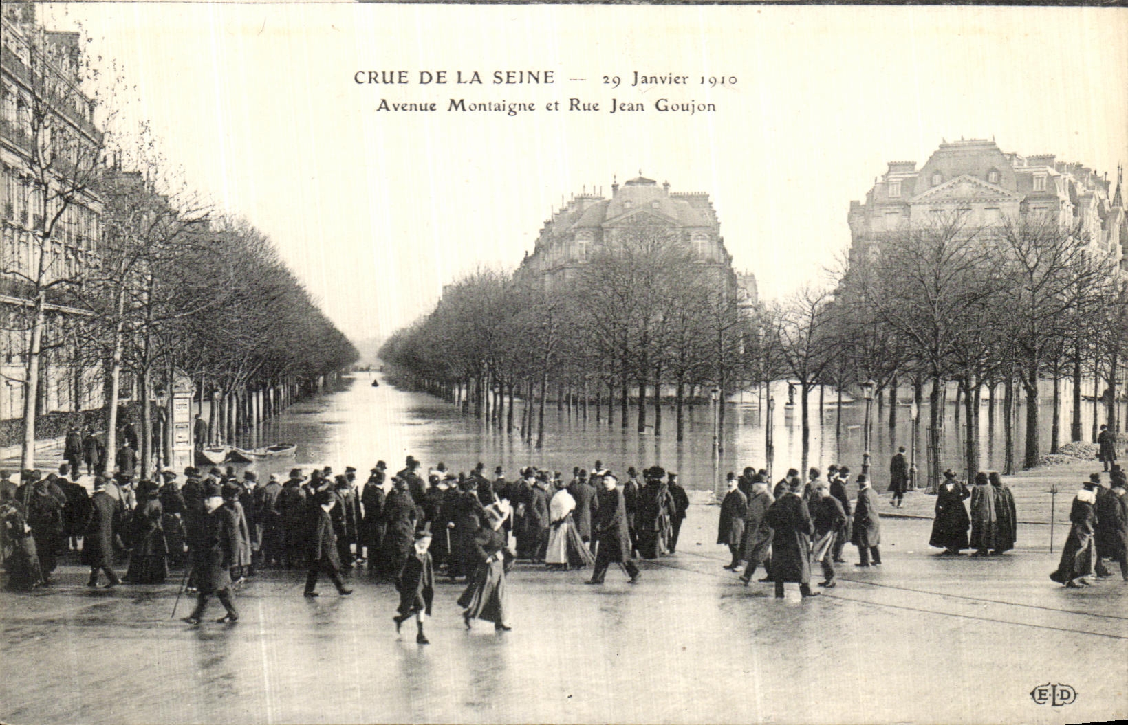 Überschwemmung der Seine — 29. Januar 1910 — Avenue Montaigne und Rue Jean Goujon — Verlag ELD