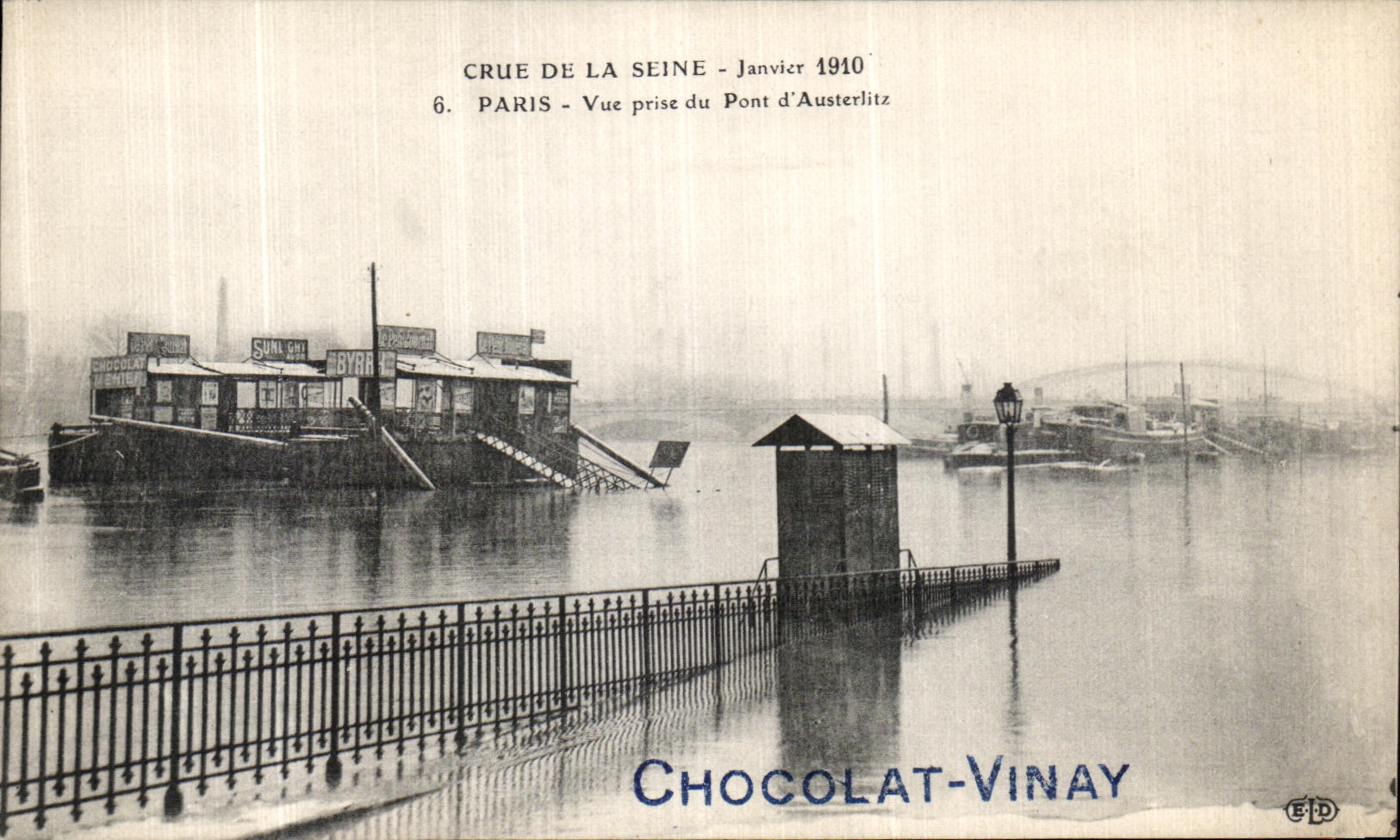 Crue de la Seine - Janvier 1910 — Vue prise du Pont d'Austerlitz — Chocolat-Vinay