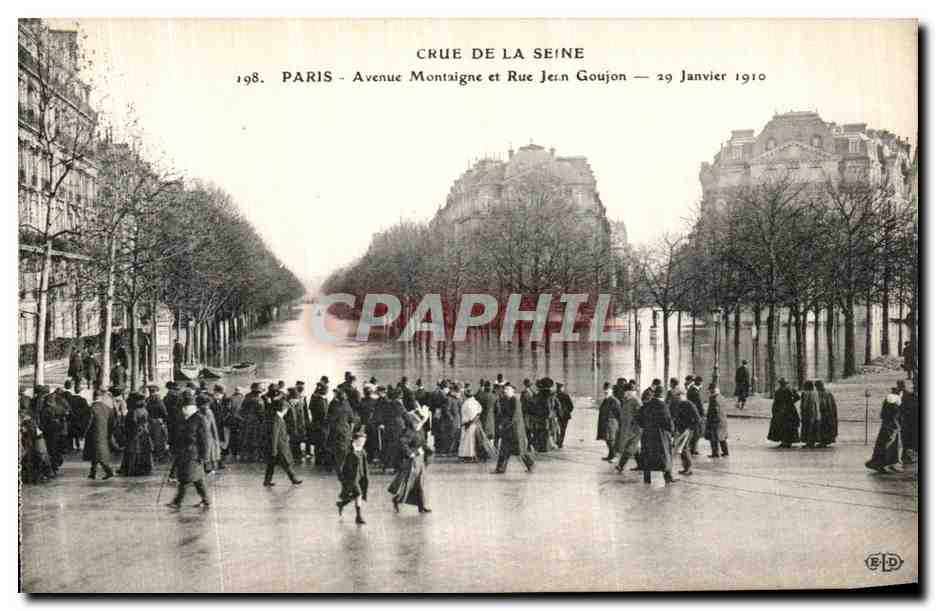 Crue de la Seine — Paris, Avenue Montaigne et Rue Jean Goujon — 29 Janvier 1910 — Éditeur E.D.