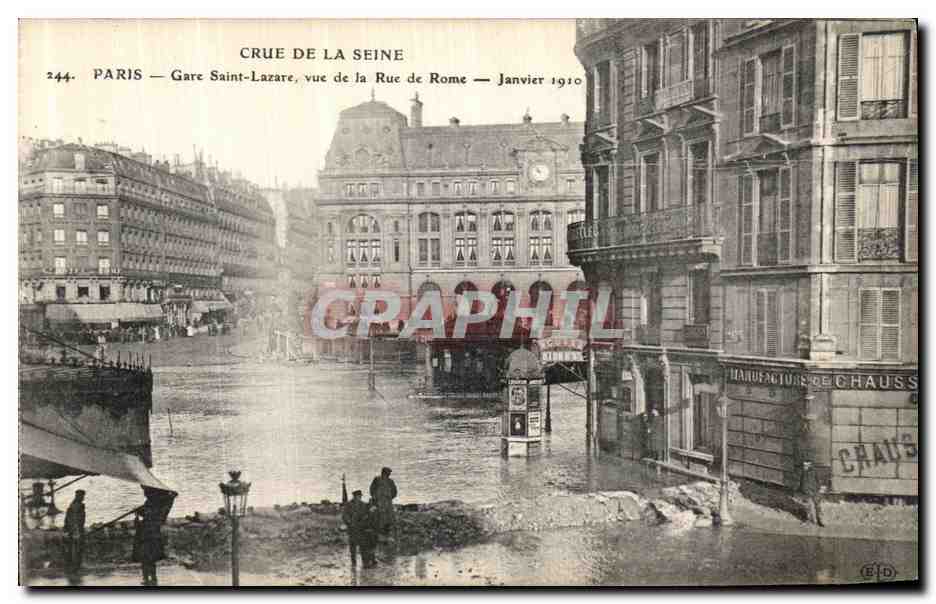 Crue de la Seine — Paris, Gare Saint-Lazare vue de la Rue de Rome — Janvier 1910 — Éditeur : Graphphil, n° 244