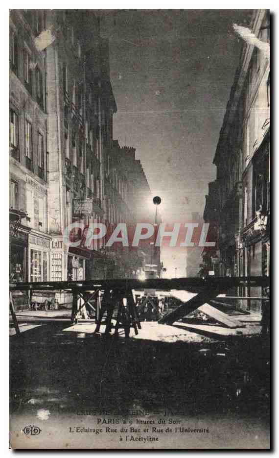 CPA Crue De La Seine Paris L Eclairage Rue du Bac et Rue de l Universite a l Acetylene 