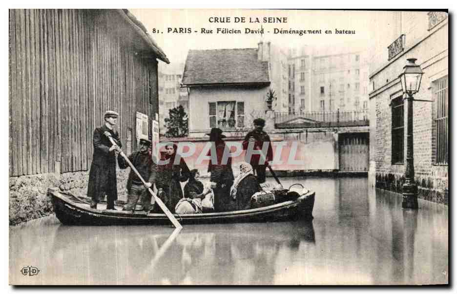 Crue de la Seine — Rue Félicien David — Déménagement en bateau — Éditeur EID, n°81
