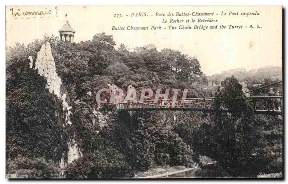 CPA Paris Parc des Buttes Chaumont Le Pont suspendu Le Rocher et le Belevedere