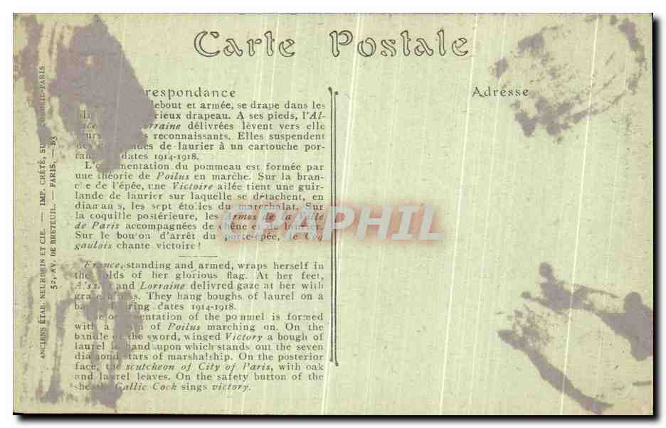 CPA Epee d honneur offerte au Marechal Foch par la ville de PAris Militaria — Rückseite